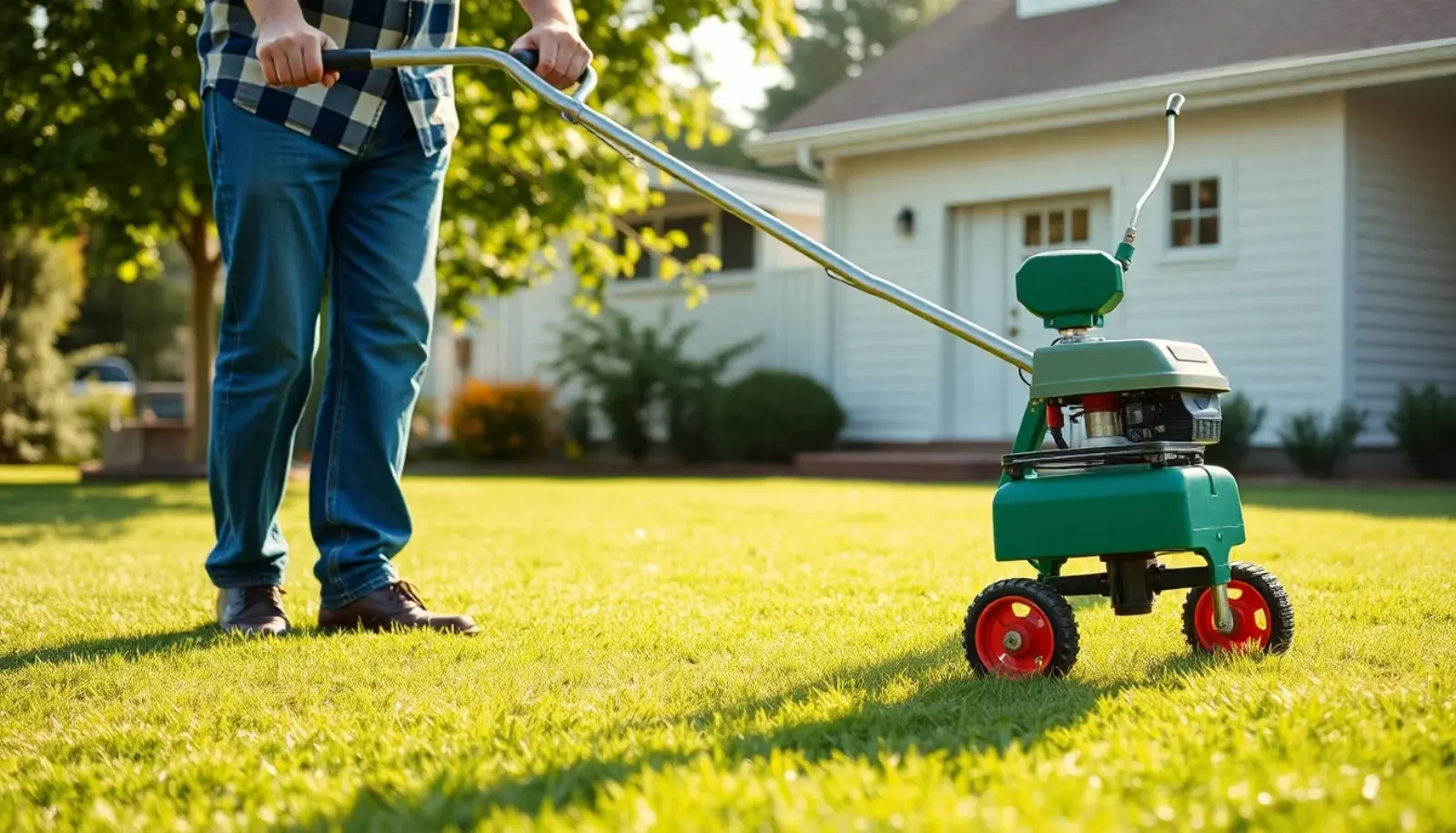 Homeowner pushing a green core aerator across a healthy residential lawn