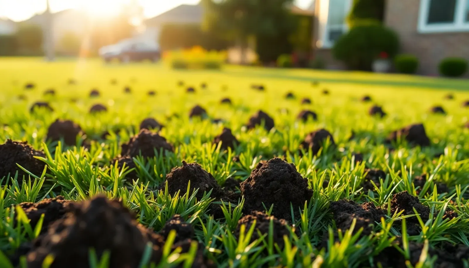 Soil cores left on a green residential lawn after core aeration