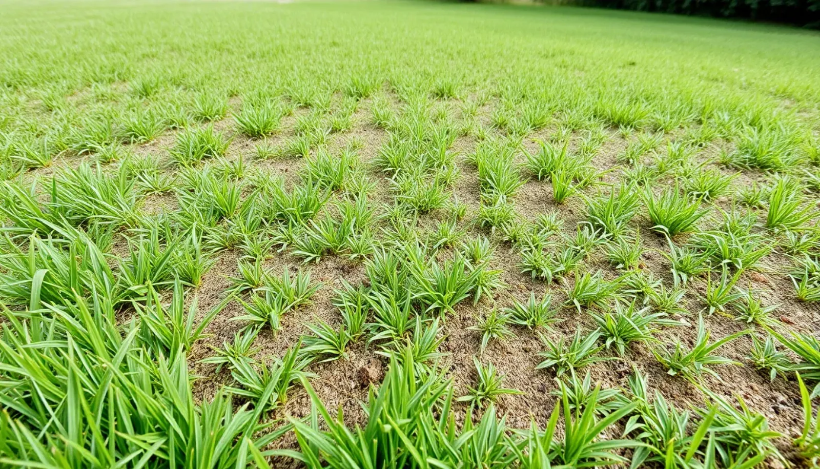 A previously bare lawn patch four weeks after reseeding, now filled in with new green grass blades