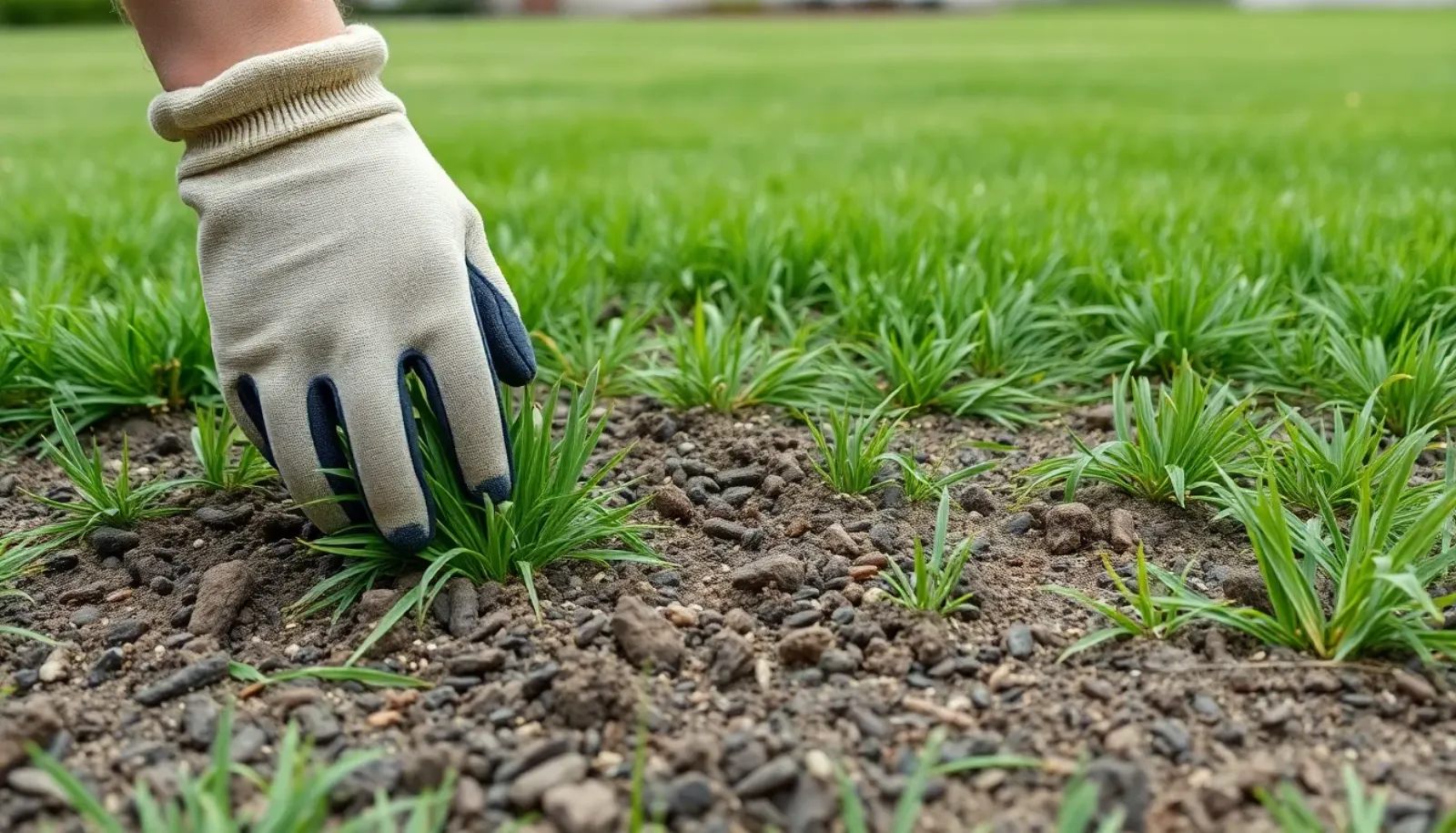 Gloved hand working grass seed and topsoil into a bare patch in a residential lawn