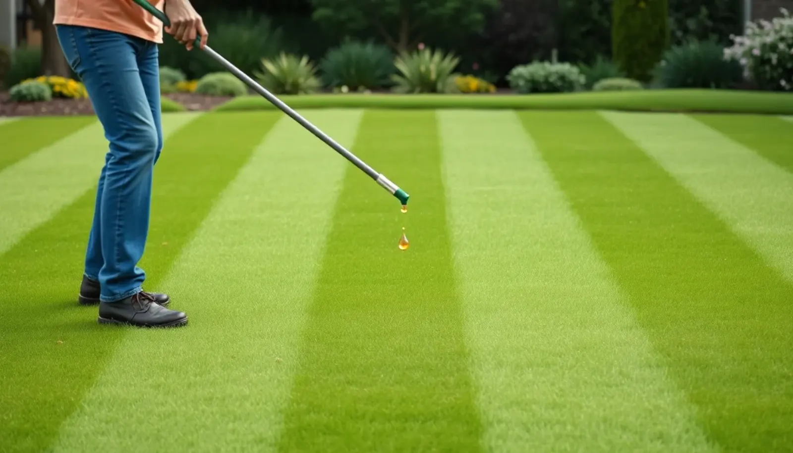 Drop spreader laying overseed lanes on a striped freshly mowed green lawn