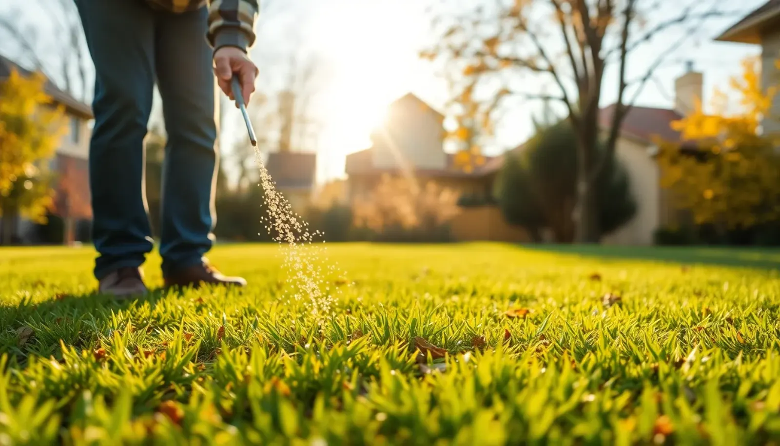 Homeowner hand spreading grass seed across a thinning lawn in early autumn