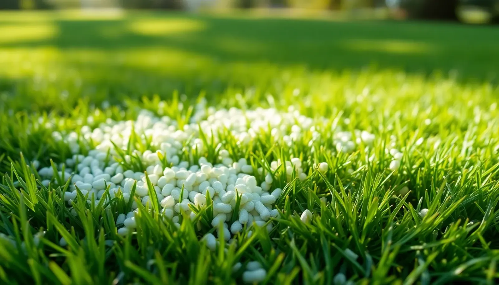 Close-up of pre-emergent fertilizer granules scattered on a freshly mowed green lawn