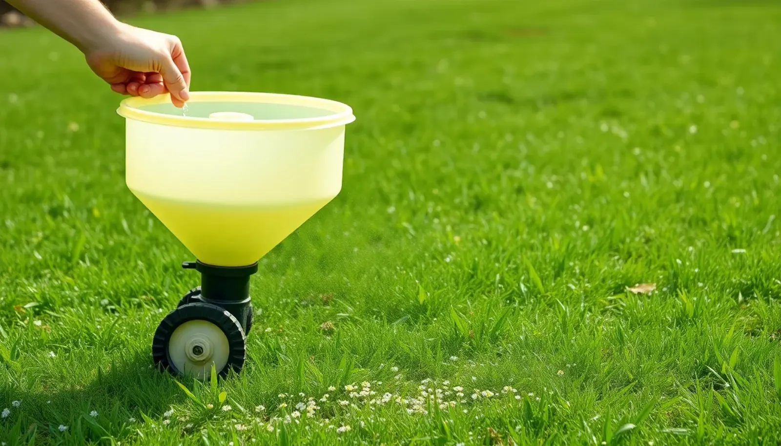 Hand broadcast spreader applying pre-emergent granules on a healthy spring lawn