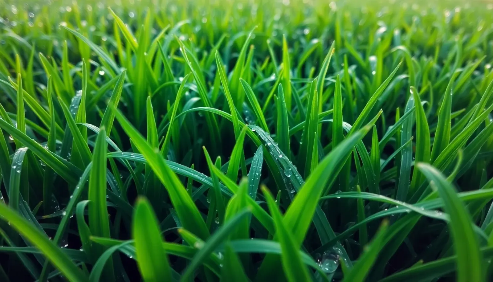 Dense lush green Kentucky bluegrass lawn from a low angle with morning dew on the blades