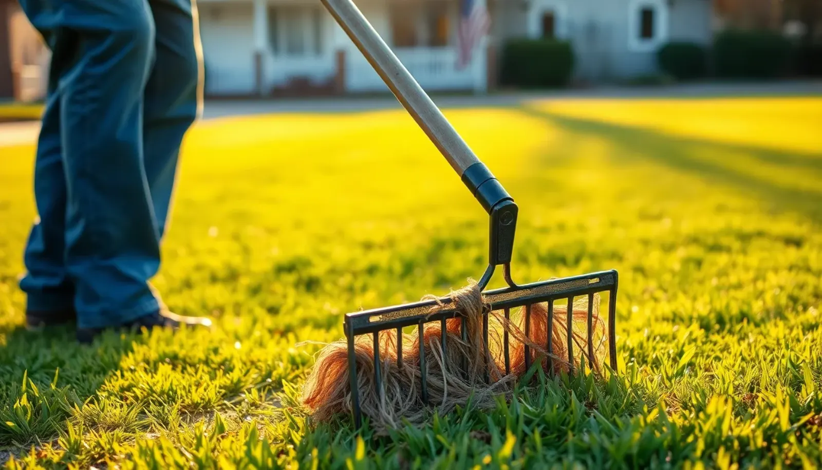 A spring tine rake removing thatch from a residential lawn during golden-hour light