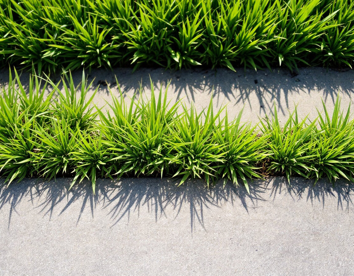 Goosegrass growing along a concrete driveway edge in a residential lawn, showing the tight flat rosette growth pattern and the compacted bare soil zone where it thrives