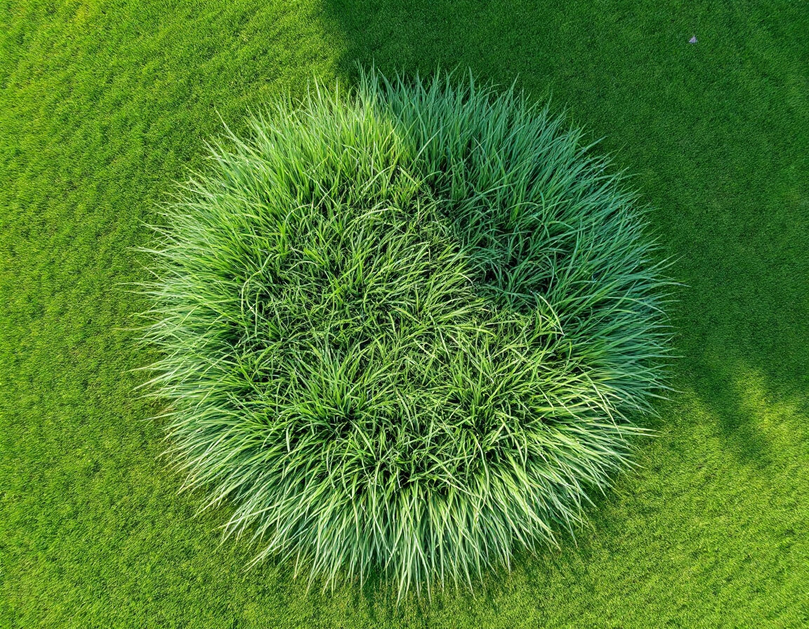 Quackgrass patch in a Kentucky bluegrass lawn — narrow blue-green blades standing taller than surrounding turf with coarser texture