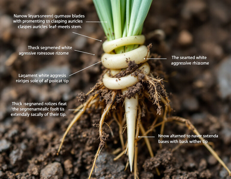 Quackgrass plant lifted from soil showing the thick segmented white aggressive rhizome system and clasping auricles at the leaf base