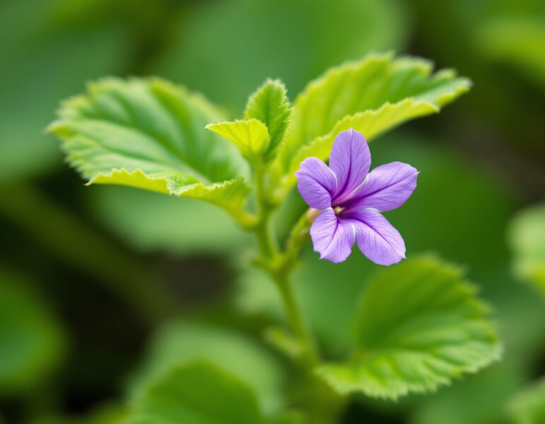 Macro close-up of a wild violet plant showing heart-shaped scalloped leaves and a single purple five-petaled flower