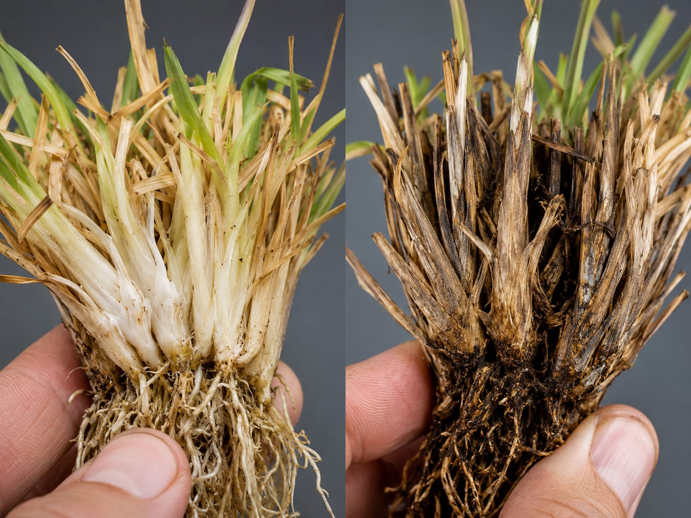 Grass crown test for dormant vs dead lawn — firm white living crown on the left, dark brittle dead crown on the right
