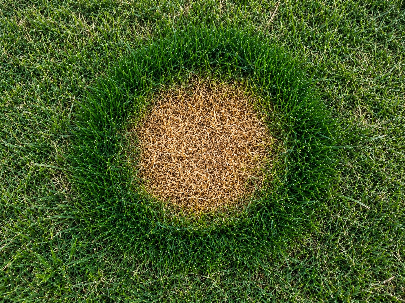 Dog urine damage on grass — dead yellow-brown circular center surrounded by a ring of unusually dark green growth where diluted nitrogen fertilizes the edges