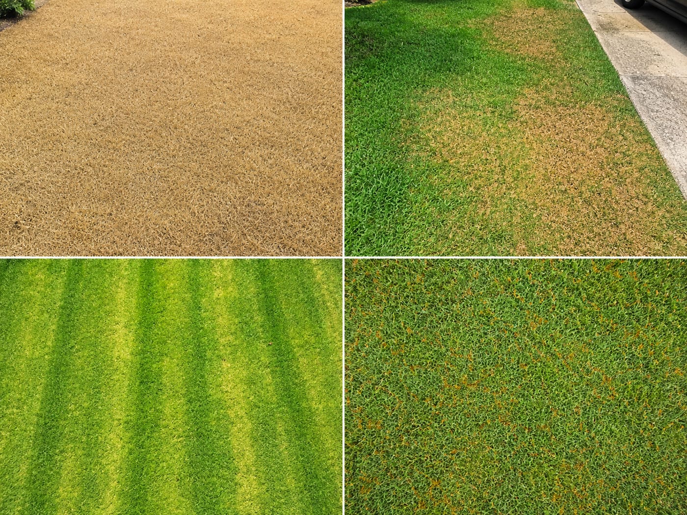 Yellow grass causes by grass type — bermuda winter dormancy, St. Augustine chinch bug damage, centipede iron chlorosis, and Kentucky bluegrass rust disease