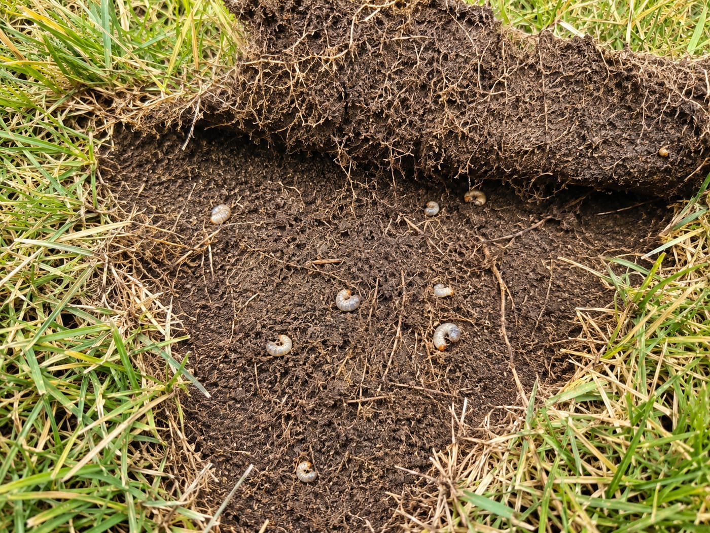 White grub damage in a lawn — turf peeled back like carpet exposing several C-shaped grub larvae in the soil