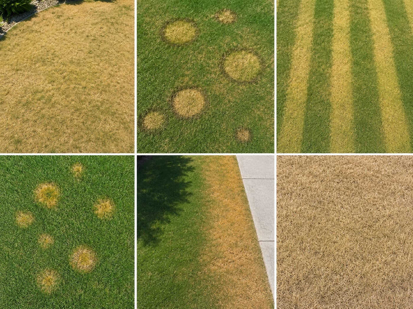 Yellow grass diagnostic chart — six common yellowing patterns: uniform, ring patches, spreader stripes, dead-center spots, sunny-edge yellowing, and winter dormancy