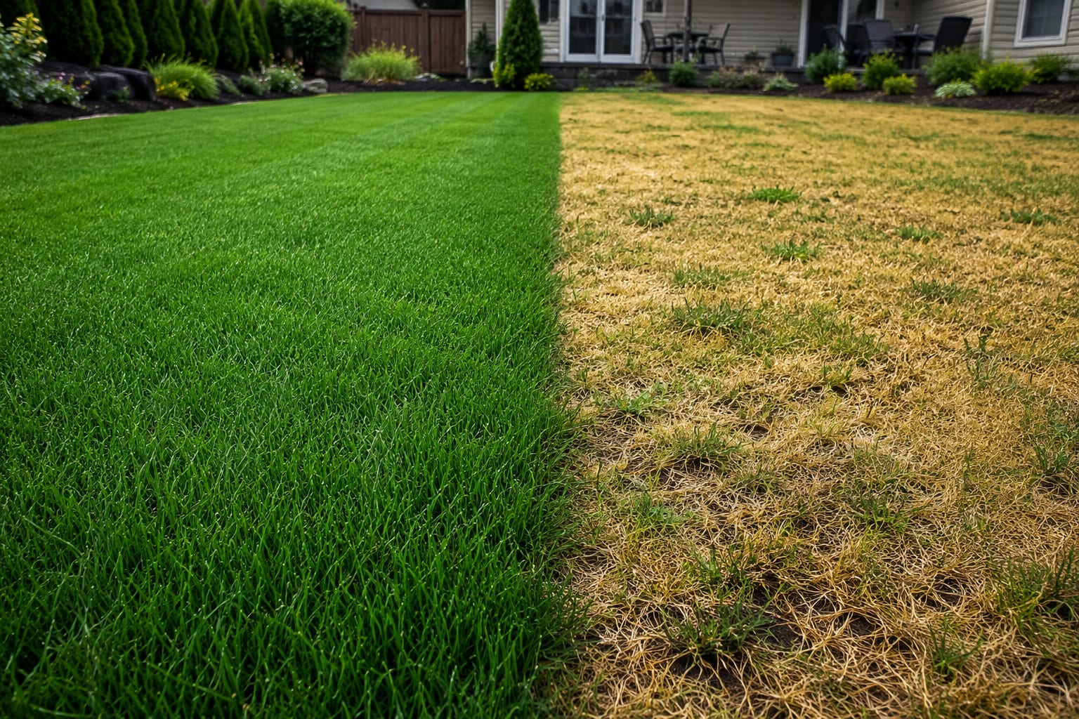 Side-by-side comparison of a healthy dark-green lawn next to a pale yellow stressed lawn in a residential backyard