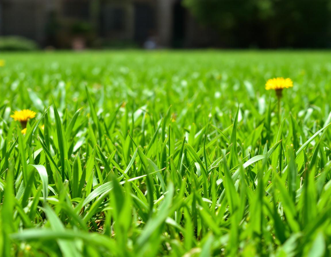 Yellow dandelion flower growing in green lawn grass