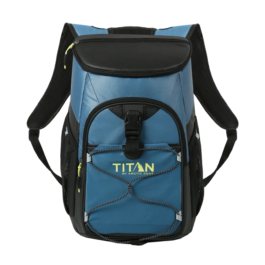 Arctic Zone Titan 24 Can Backpack Cooler in Marine Blue with padded straps, mesh back panel, and three-pocket insulated front compartment
