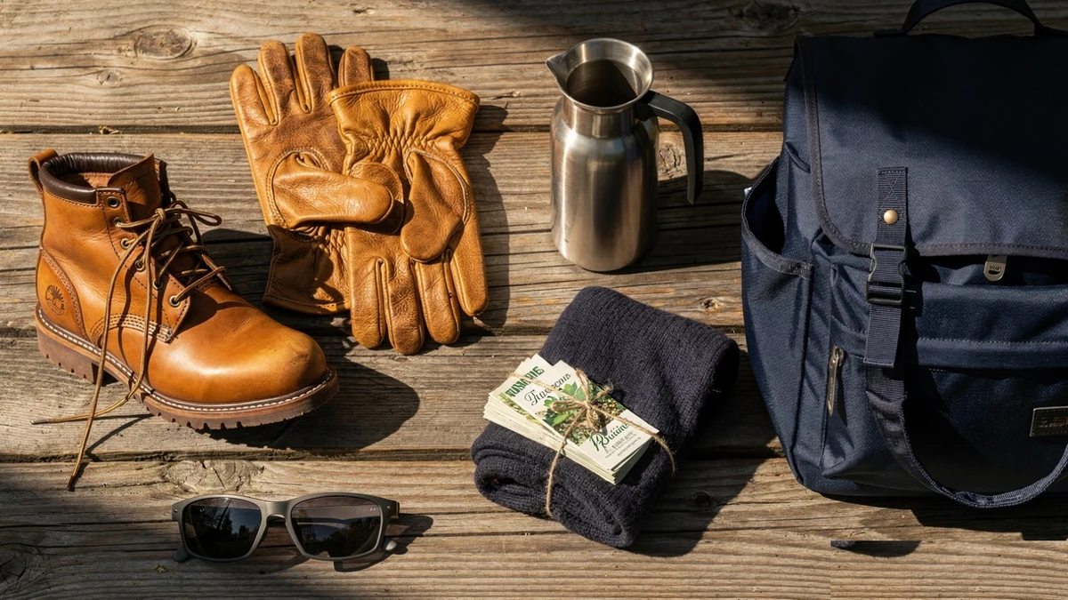 Father's Day 2026 gift guide hero — a work boot, leather work gloves, stainless coffee carafe, folded thermal wrap with seed packets, sport sunglasses, and a navy backpack cooler arranged on weathered cedar planks in warm side light