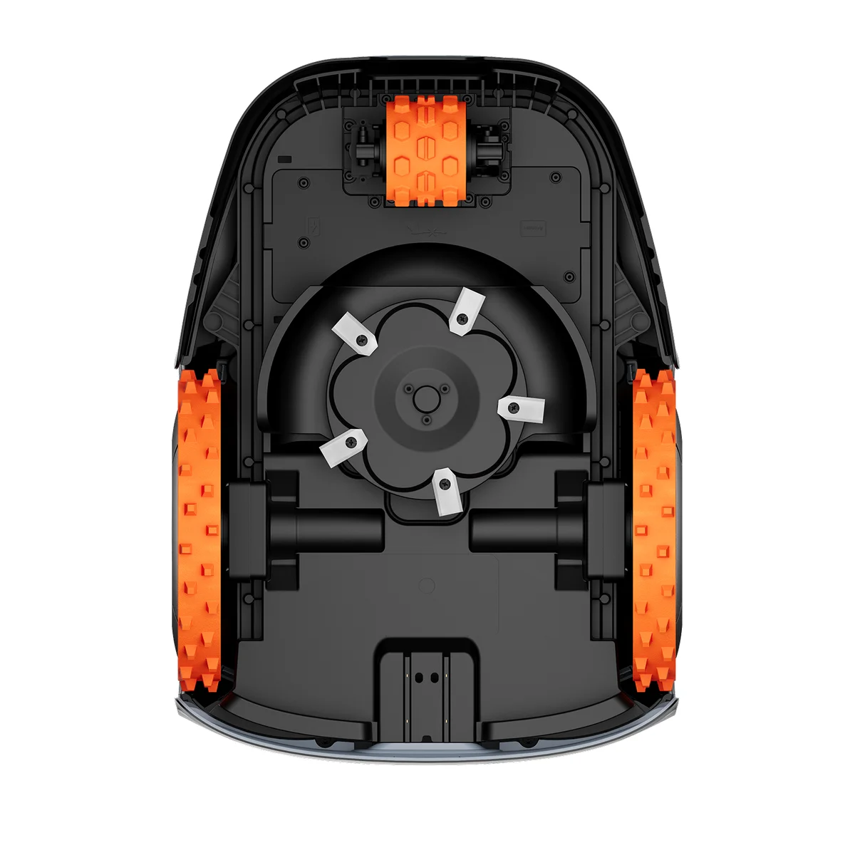 Underside of the Segway Navimow i2 AWD showing the anti-clogging cutting disc, blade mounts and the all-wheel-drive wheel arrangement