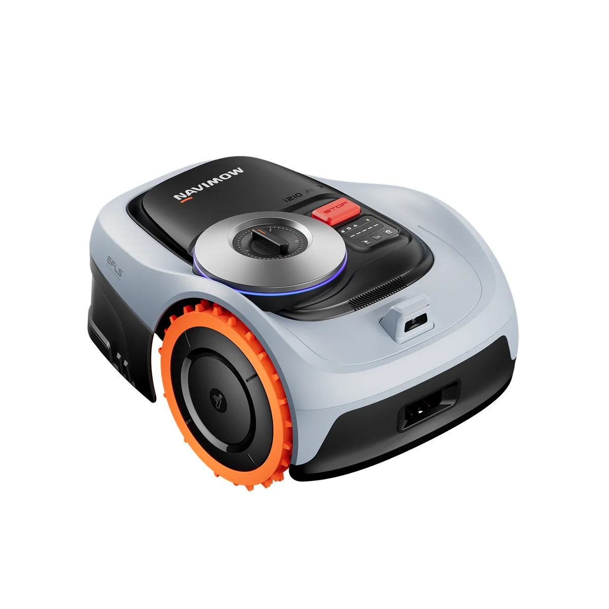 Segway Navimow i210 AWD robotic lawn mower front three-quarter view — identical chassis to the i206 AWD, differing only in battery capacity