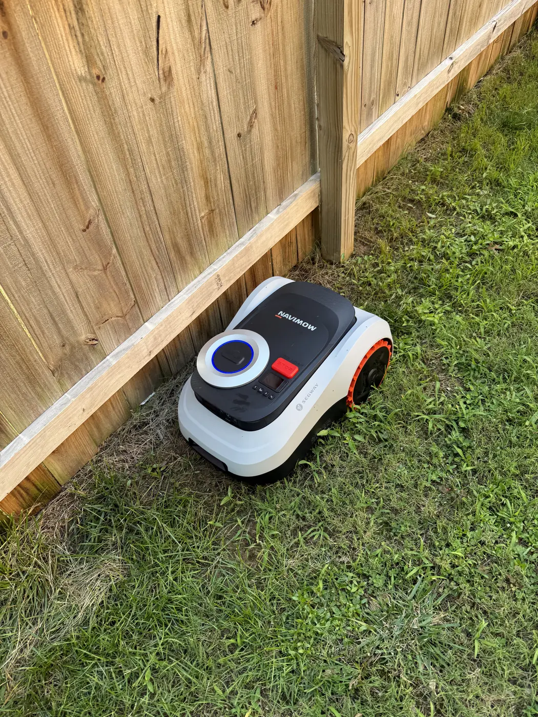 Navimow i215 LiDAR working the grass immediately alongside a raised wooden boardwalk edge in a backyard, with the orange cutting disc visible under the deck and the mower body angled against the timber border