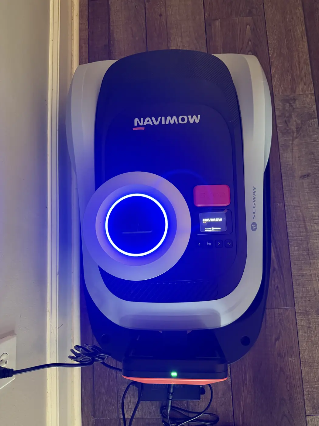 Navimow i215 LiDAR seated on its charging station indoors during first power-up, EFLS dome illuminated with a blue ring, display showing the Navimow Powered by Segway splash screen, and a green status LED lit on the dock