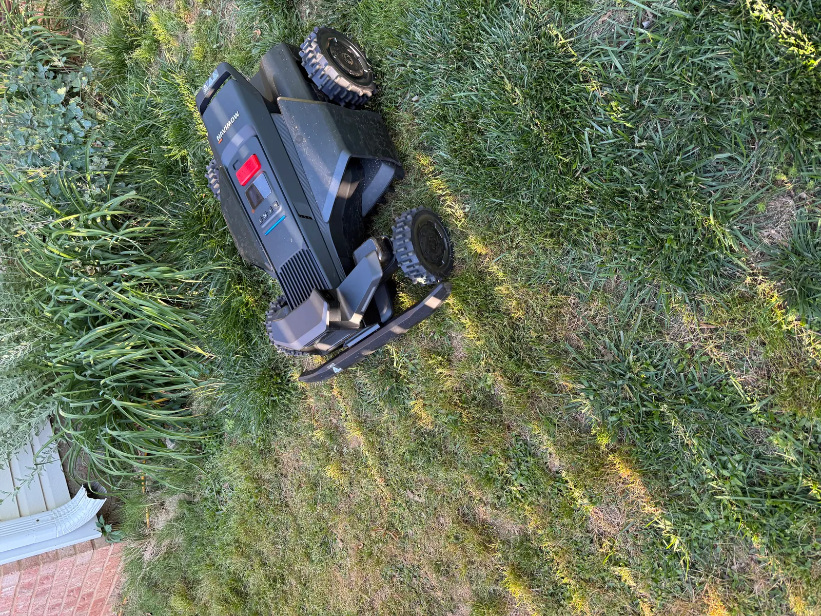Segway Navimow X430 mowing a section of tall, overgrown grass during first-run testing — the dual-deck cutting system engaging the grass canopy with the 4WD Xero-Turn drive maintaining traction